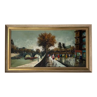 Large Vintage French Impressionist Parisian Street Scene Oil on Masonite – Framed For Sale