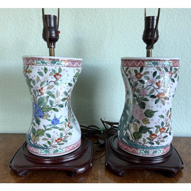 Mid 20th Century Mid 20th Century Pair of Asian Floral Motif Pottery Lamps For Sale - Image 5 of 10