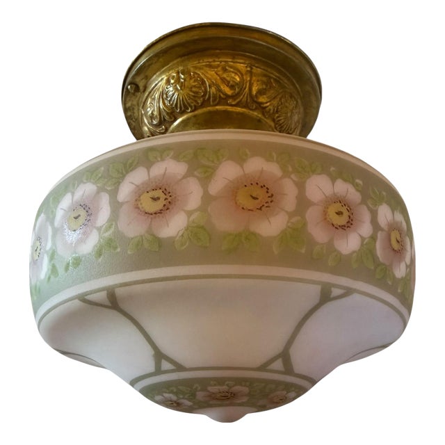 Circa 1910 Pale Pink Frosted Hand Painted Botanical Pendant Light For Sale