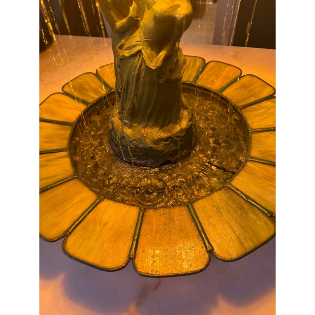 Art Deco 1920s Art Deco Figural Re-Circulating Fountain Lamp - Working Verdigris Spelter Sculpture & Iridescent Natural Capiz Shell Dome Shade For Sale - Image 3 of 14