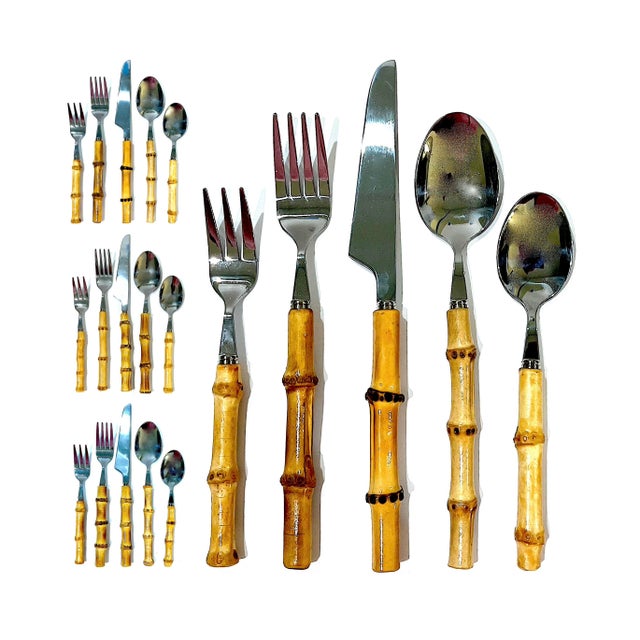 1990s Bamboo and Polished Stainless Steel Flatware - 20 Piece Set - Four 5 Place Settings For Sale - Image 12 of 12