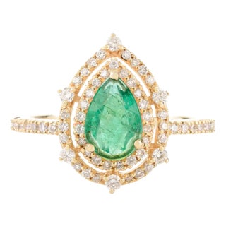 14k Gold Pear Cut Emerald Double Halo Diamond Engagement Ring Size 6.5 For Sale