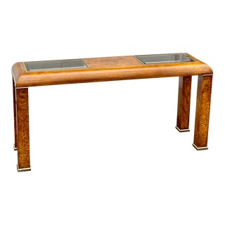 1970s Vintage Burl Wood and Brass Console Table With Smoked Glass Top For Sale