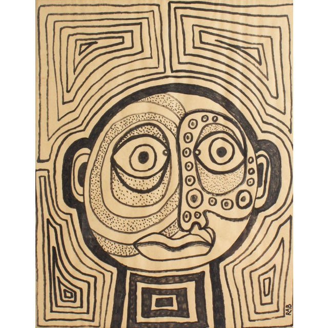 A marker drawing on paper by the American artist R.A. "Drew" Buys. This abstract work depicts a figure with a round head...