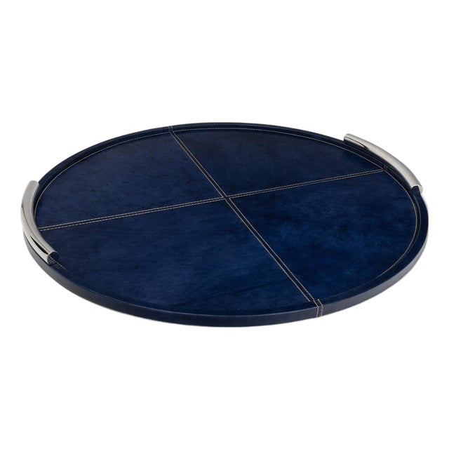 Hayes Leather Tray Round Large, Blue For Sale