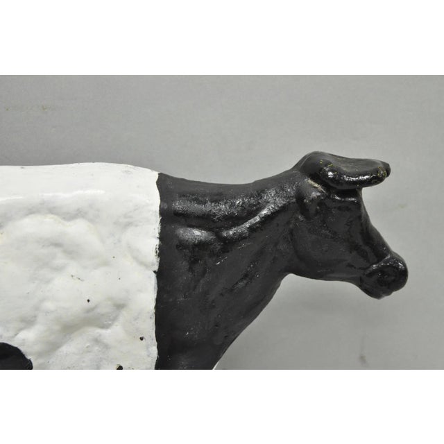 Arts & Crafts Antique Black and White Dairy Cow Cast Iron Painted Large Figural Door Stop For Sale - Image 3 of 9