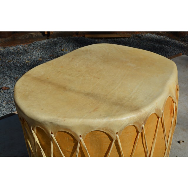 Tribal Set of 2, 1970s Native American Style Pow Pow Taos Pueblo Rawhide / Skin & Wood Large Round Drum & Mallet For Sale - Image 3 of 15