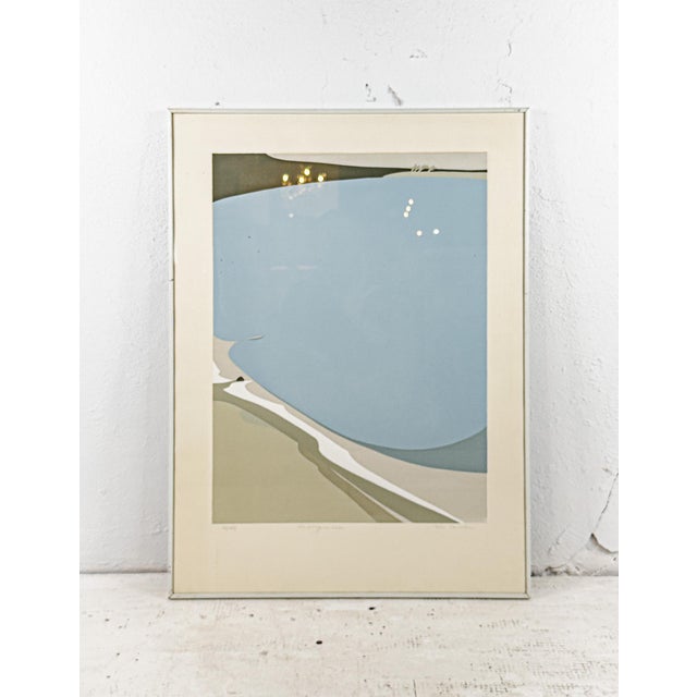 A bold minimalist landscape screen print by Toni Carner (American, b. 1957). From an aerial view, the ocean is represented...