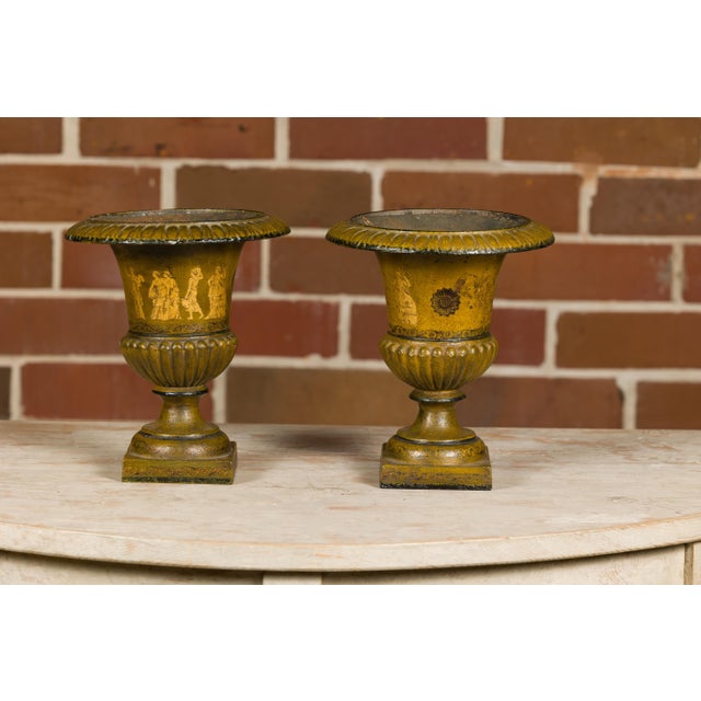 Early 20th Century Pair of Neoclassical Style Iron Planters with Liners and Mythological Figures For Sale - Image 12 of 12