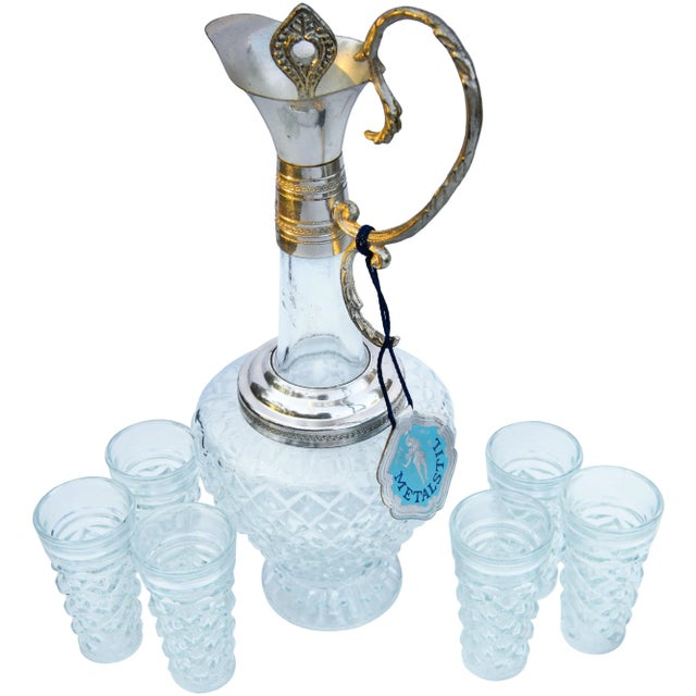 Glass Vintage Crystal Decanter & Glasses, S/7 For Sale - Image 7 of 7