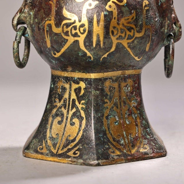 Pair of Vintage Bronze Vases With Gold Inlay - Archaic Style Gu Vessels For Sale In Los Angeles - Image 6 of 10