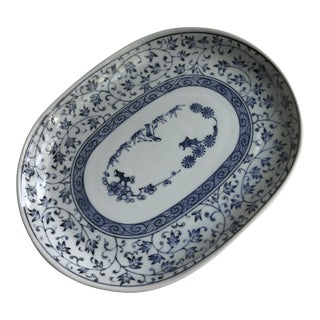Blue and White Oval Chinoiserie Tray Plate With Flowers For Sale