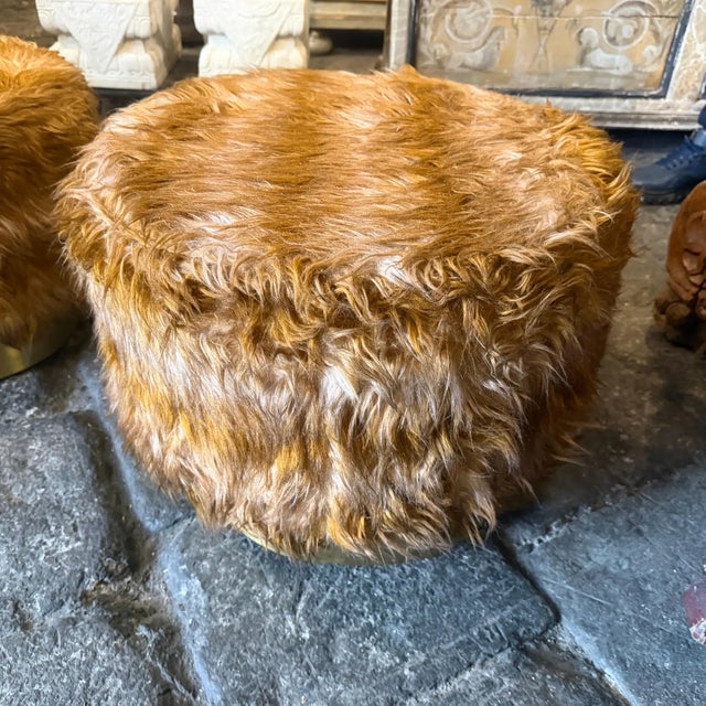 Two 1970s Mid-Century Modern Brass and Fabric Poufs " Him and Her " For Sale - Image 13 of 14