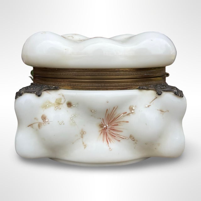 Metal Antique Wavecrest Egg Crate Cigar Humidor Box by C. F. Monroe – Opal Glass With Enamel Floral Design For Sale - Image 7 of 11