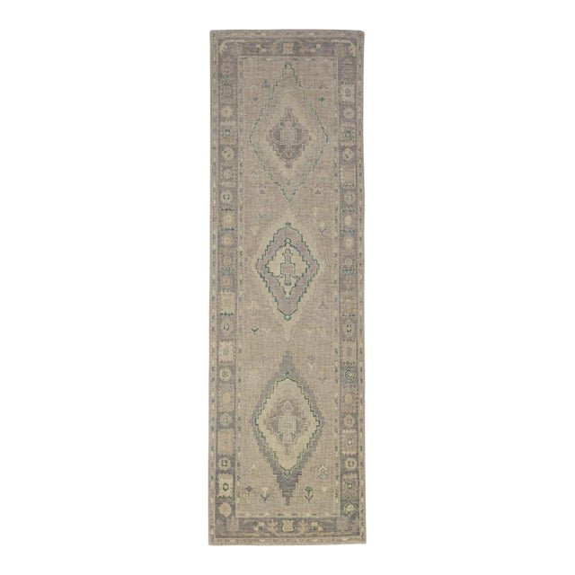 Turkish Oushak Runner Rug Taupe & Sage Handwoven Wool Rug 3' X 9'4" For Sale