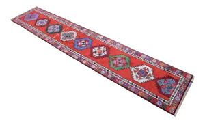 Hand-Knotted Turkish Runner Herki Rug. Kurdish Colorful Tribal Long Runner - 2′9″ × 14′1″