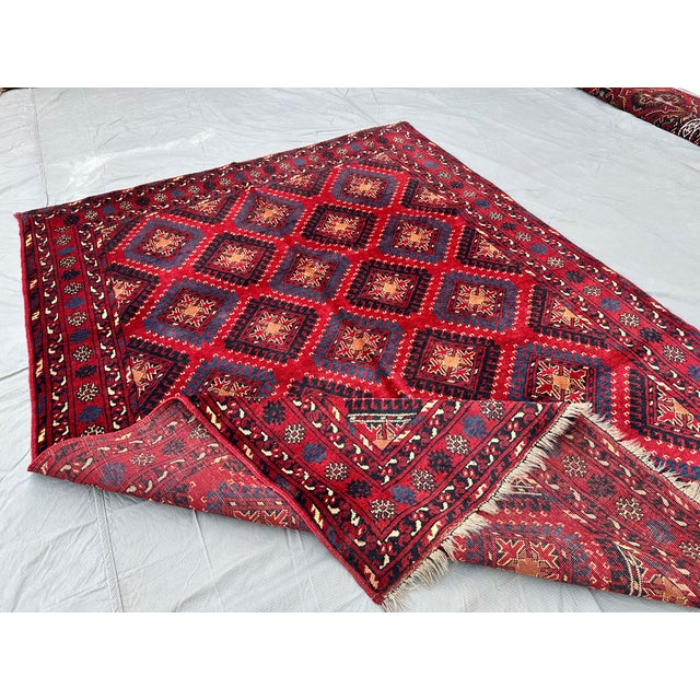 Textile Hand-Knotted Crimson Red and Navy Blue Allover Geometric Wool Area Rug, 6'9" X 4'10" For Sale - Image 7 of 11