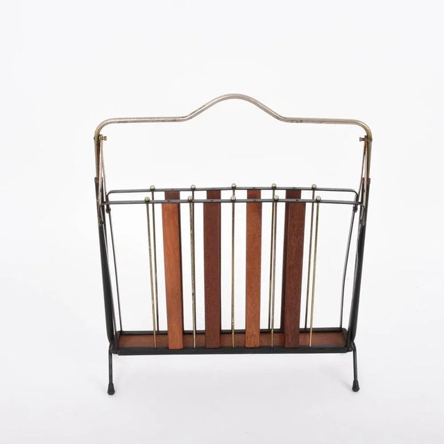 Mid-Century Modern Mid-Century Italian Enameled Metal, Wood and Brass Magazine Rack, 1950s For Sale - Image 3 of 7