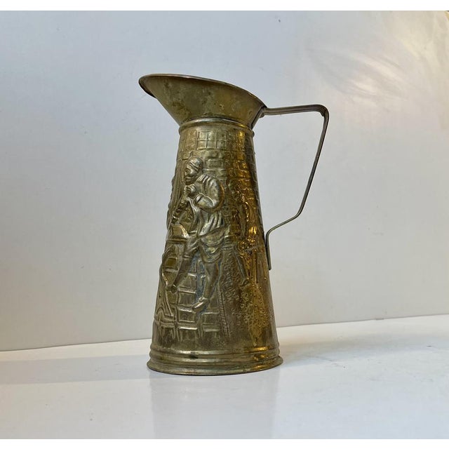 English Brass Pitcher with Medieval Embossed Micro-Cosmos, 1950s For Sale - Image 10 of 10