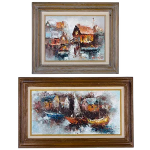 Mid Century Modern Abstract Boats in Harbor - A Pair