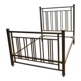 1950s Mission Style / Deco Heavy Square Brass Full Size Bedframe With Iron Rails on Wheels For Sale