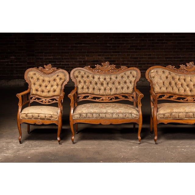 Late 19th Century Victorian Eastlake Carved Oak Parlor Suite – 6 Piece Set For Sale - Image 4 of 18
