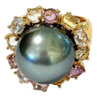 Bochic “Orient” Vintage Tahiti Pearl & Multi Sapphire Ring Set 18K Gold & Silver For Sale