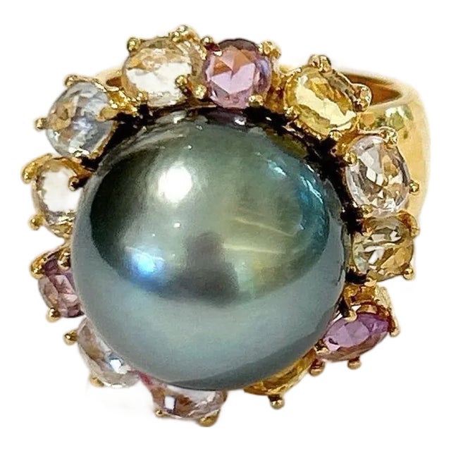 Bochic “Orient” Vintage Tahiti Pearl & Multi Sapphire Ring Set 18K Gold & Silver For Sale