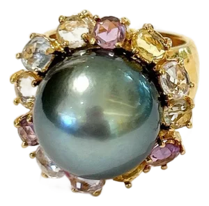 Bochic “Orient” Vintage Tahiti Pearl & Multi Sapphire Ring Set 18K Gold & Silver