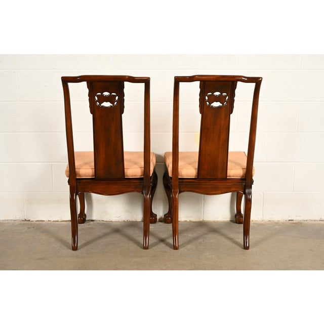 Drexel Heritage Hollywood Regency Chinoiserie Sculpted Mahogany Side Chairs or Dining Chairs, Pair For Sale - Image 14 of 15