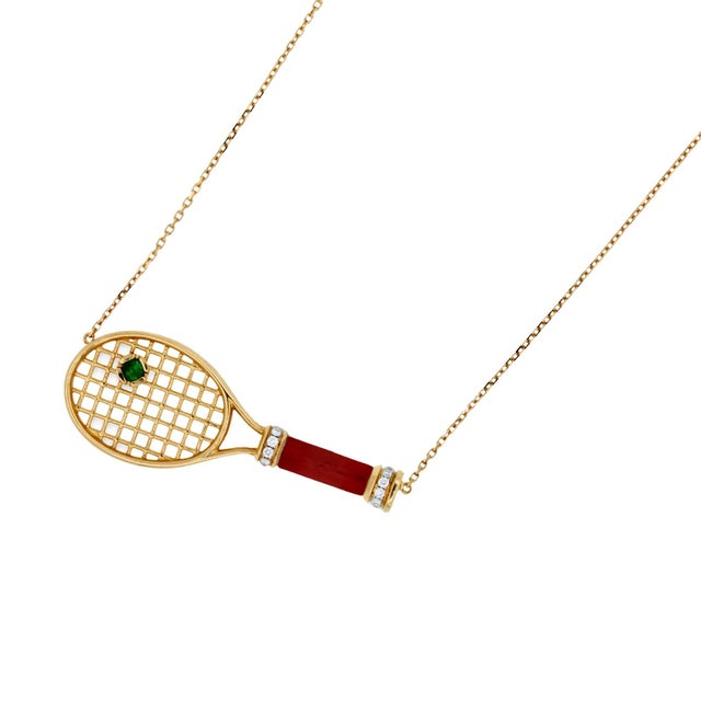 Tennis Racket Red Carnelian Handle Green Emerald Tennis Ball Jewelry 18 Karat Rose Gold Necklace Pendant Charm * 18K Rose...
