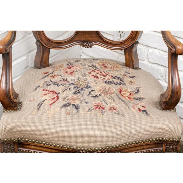 Vintage Regency Style Carved Needlepoint Armchairs- Set of 2 For Sale - Image 4 of 12