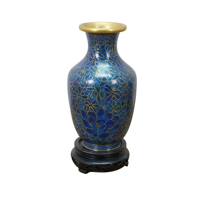 Chinoiserie 3 Chinese Brass Cloisonne Blue Enameled Floral Bud Vases & Ashtray For Sale - Image 3 of 14