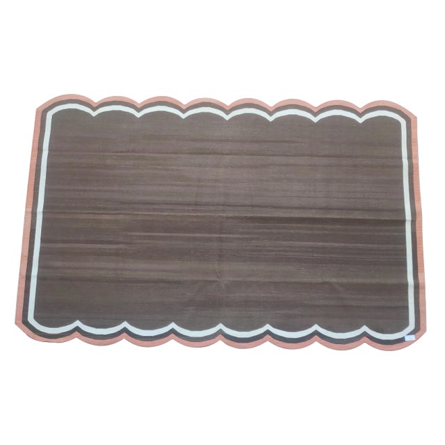 Textile Handmade Cotton Scalloped Rug, Brown with Cream and Terra Cotta Border 6'x9' For Sale - Image 7 of 9