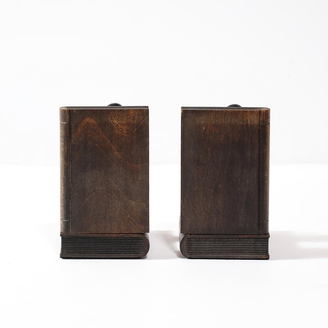 Pair of Art Deco Walnut, Black Enamel & Brass Sculptural Penguin Bookends For Sale - Image 4 of 12