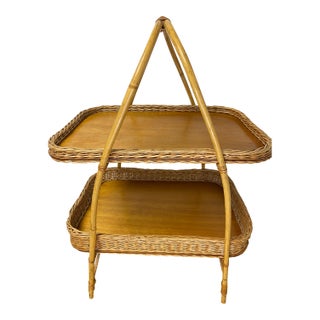 Mid 20th Century Bamboo, Rattan and Teak 2-Tier Serving Tray For Sale