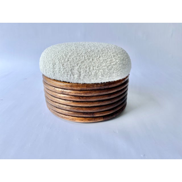 Brown 1970s Round Rattan Ottoman, Boucle, Mid Century For Sale - Image 8 of 10