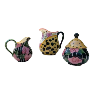 2000s Droll Design Creamer Sugar Bowl and Pitcher in Black White Pink and Yellow Design- 3 Pieces