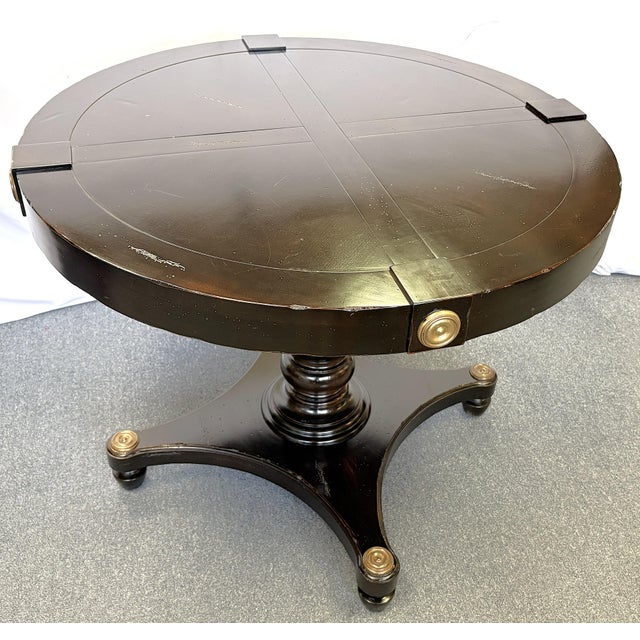 Hollywood Regency Vintage Neoclassical Style Round Pedestal Table With Brass Medallion Accents For Sale - Image 3 of 17