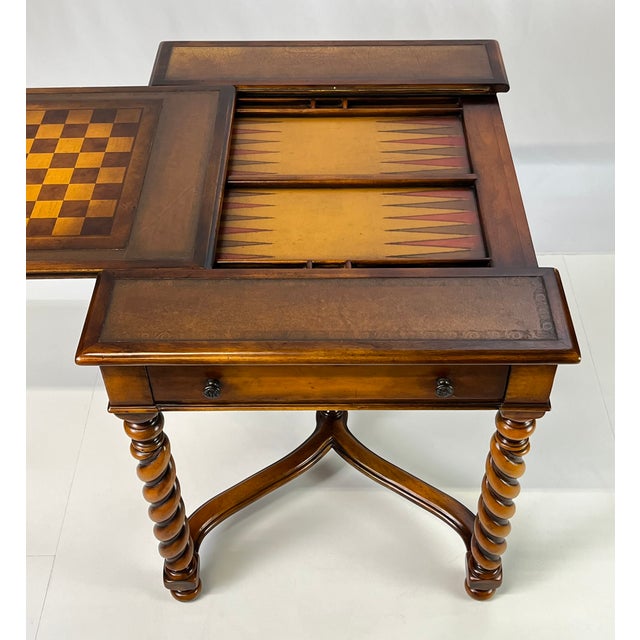 Early 21st Century Theodore Alexander Attributed Barley Twist Game Table With Reversible Tooled Leather Top For Sale - Image 5 of 18