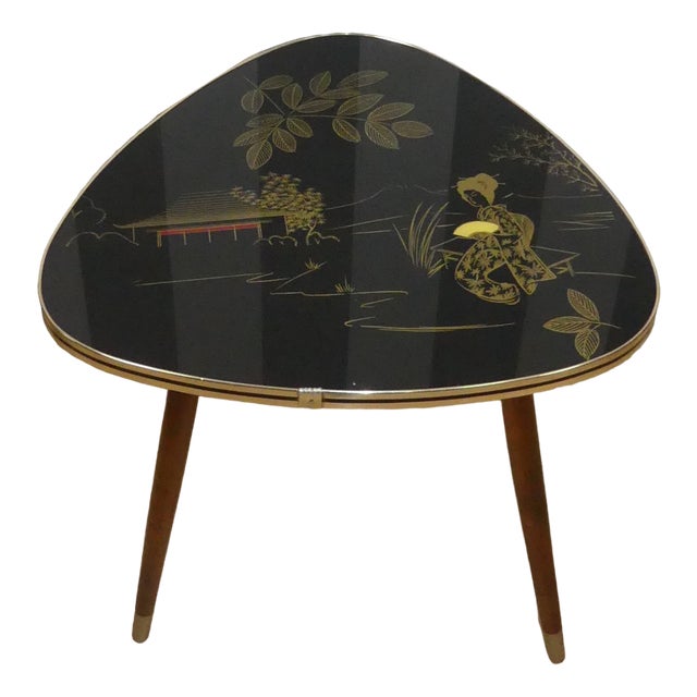 Cocktail Table Black Glass Top Gold Asia Kidney Table, 1950s For Sale