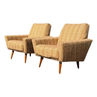 Pair of Danish Modern Lounge Chairs | Sculptural Flared Arms in Woven Tweed | Tapered Wood Legs | C. 1960s For Sale