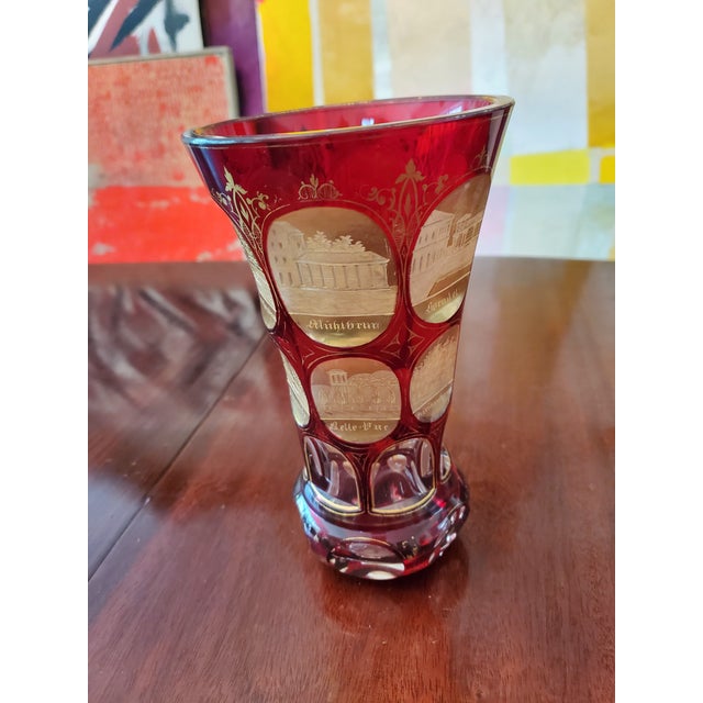 A true museum quality antique moser bohemian glass architectural large goblet. Having precise detailed hand cut scenes of...