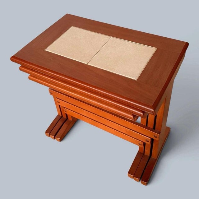 Mid-Century Teak and Cream Tile Nest of Three Tables Compact, 1960s, Set of 3 For Sale - Image 6 of 7