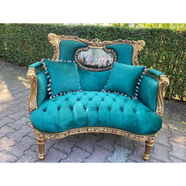 1990s Louis XVI Gold Beech Green Velvet Settee For Sale - Image 12 of 12