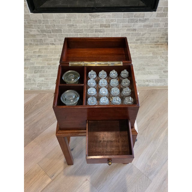 19th Century English Victorian Era Mahogany Apothecary Travel Chest Box on Stand With Glass Jars For Sale - Image 10 of 18