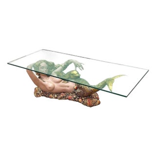 Mid-Century Sculptural Gold Nude Mermaid & Dolphin Coffee Table W/ Glass Top For Sale