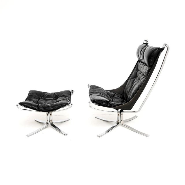 Vatne Møbler Set of Vintage Chrome and Leather Falcon Chair and Ottoman by Sigurd Ressel for Vatne Møbler, 1960s, Set of 2 For Sale - Image 4 of 14