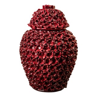 Spanish Floral Sicilian Ceramic Vase in Bright Burgundy Tone by Murano, 1980s For Sale