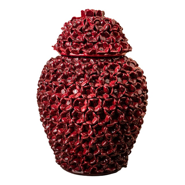 Spanish Floral Sicilian Ceramic Vase in Bright Burgundy Tone by Murano, 1980s For Sale